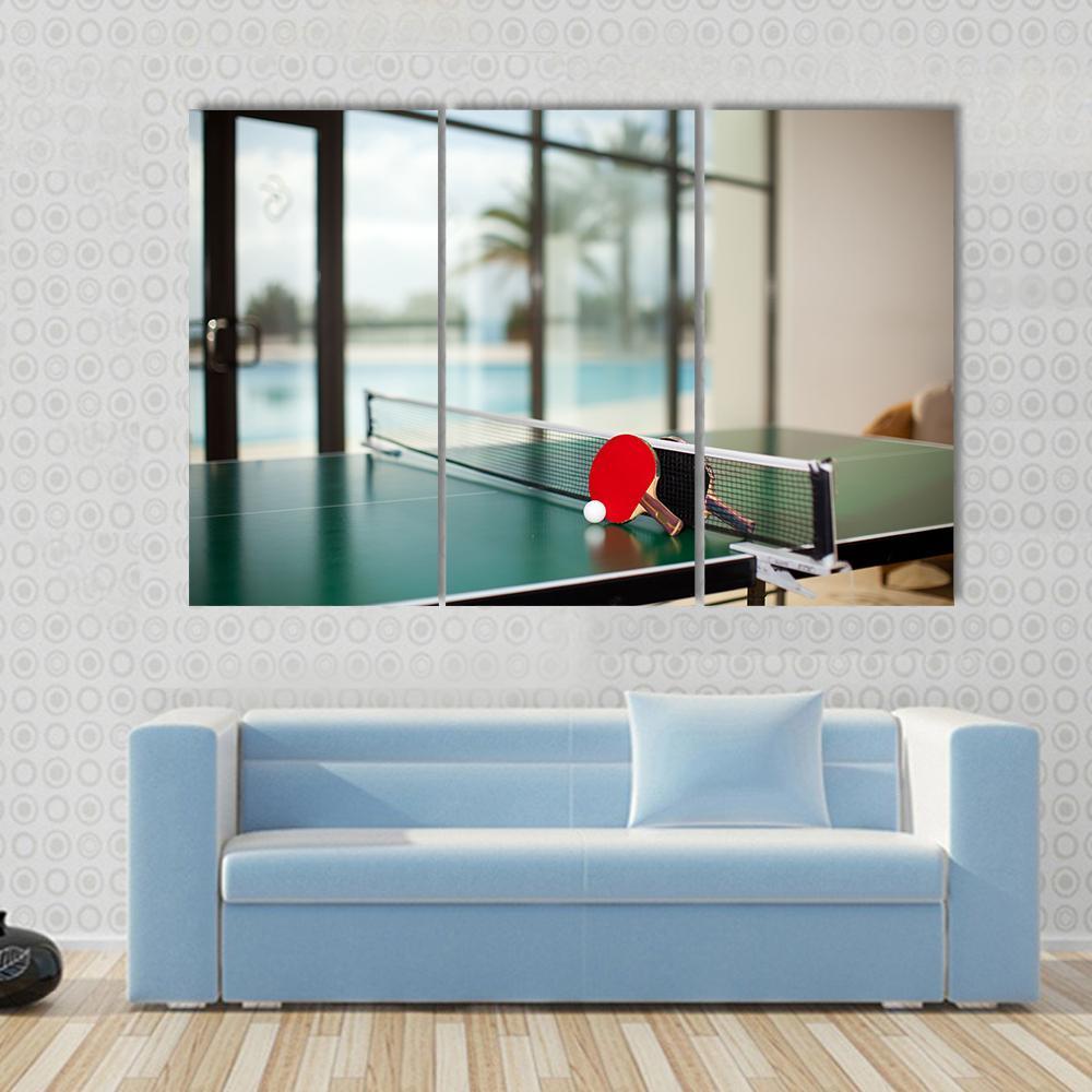 Two Table Tennis Or Rackets And Balls On A Green Table With Net Canvas Wall Art-3 Horizontal-Gallery Wrap-37" x 24"-Tiaracle