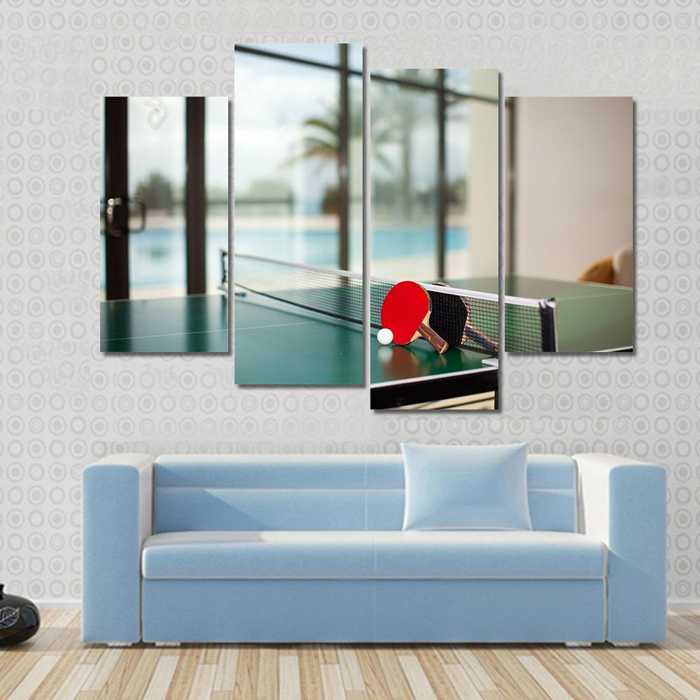 Two Table Tennis Or Rackets And Balls On A Green Table With Net Canvas Wall Art-4 Pop-Gallery Wrap-50" x 32"-Tiaracle