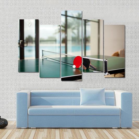 Two Table Tennis Or Rackets And Balls On A Green Table With Net Canvas Wall Art-5 Pop-Gallery Wrap-47" x 32"-Tiaracle