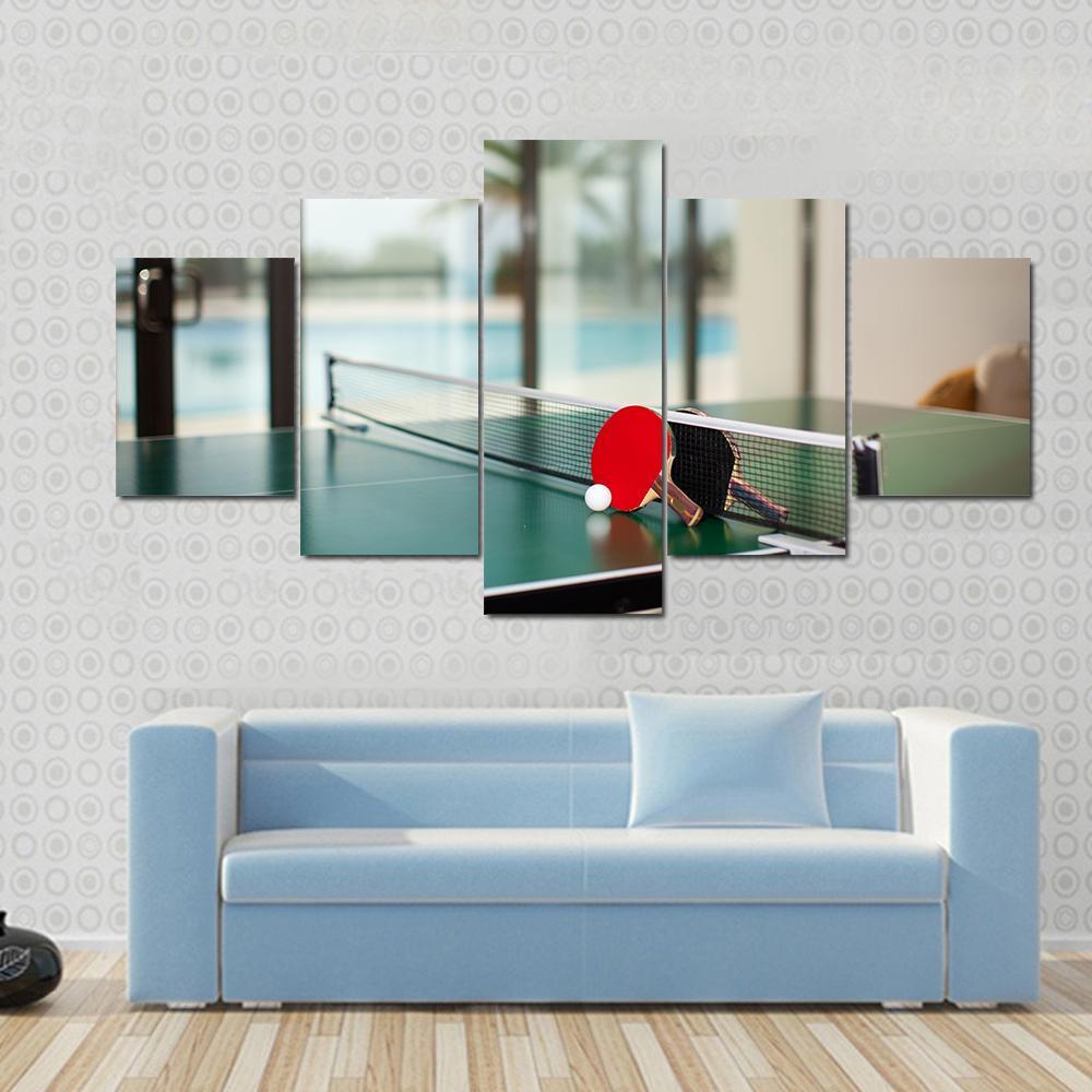 Two Table Tennis Or Rackets And Balls On A Green Table With Net Canvas Wall Art-5 Star-Gallery Wrap-62" x 32"-Tiaracle