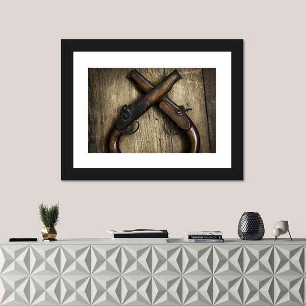 Two Vintage Pistols On Wooden Table Canvas Wall Art-3 Horizontal-Gallery Wrap-25" x 16"-Tiaracle
