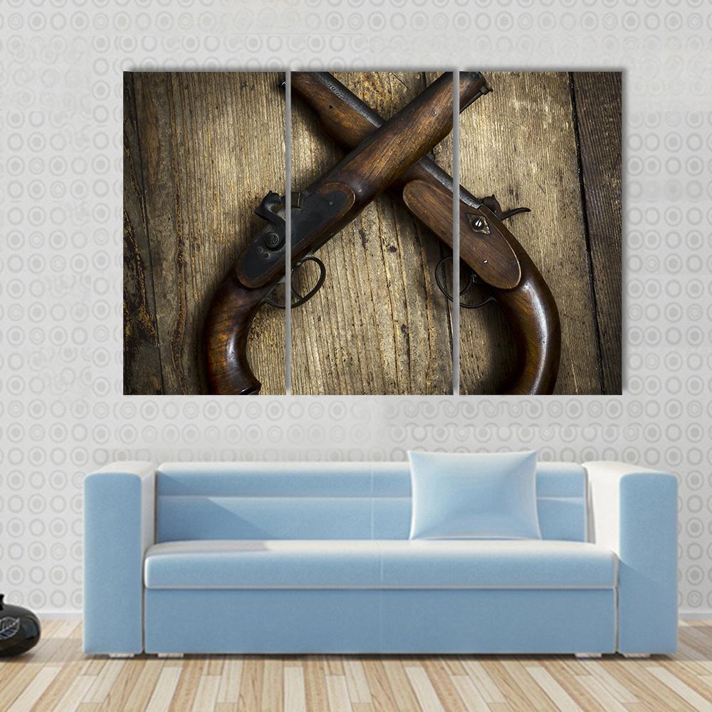Two Vintage Pistols On Wooden Table Canvas Wall Art-3 Horizontal-Gallery Wrap-37" x 24"-Tiaracle
