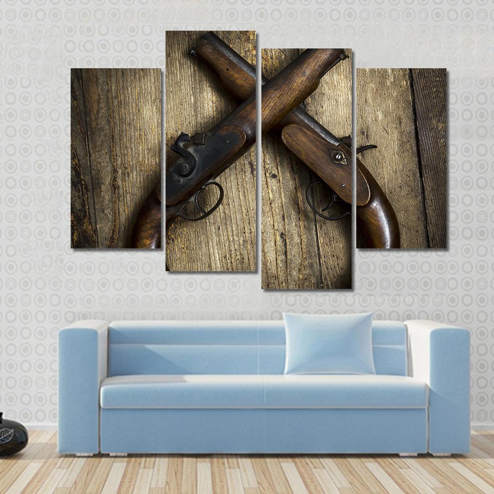Two Vintage Pistols On Wooden Table Canvas Wall Art-4 Pop-Gallery Wrap-50" x 32"-Tiaracle