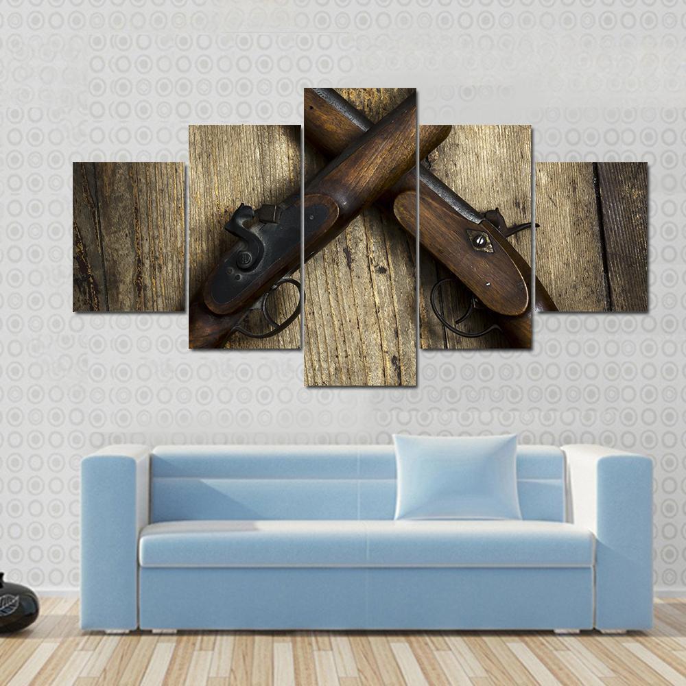 Two Vintage Pistols On Wooden Table Canvas Wall Art-5 Star-Gallery Wrap-62" x 32"-Tiaracle