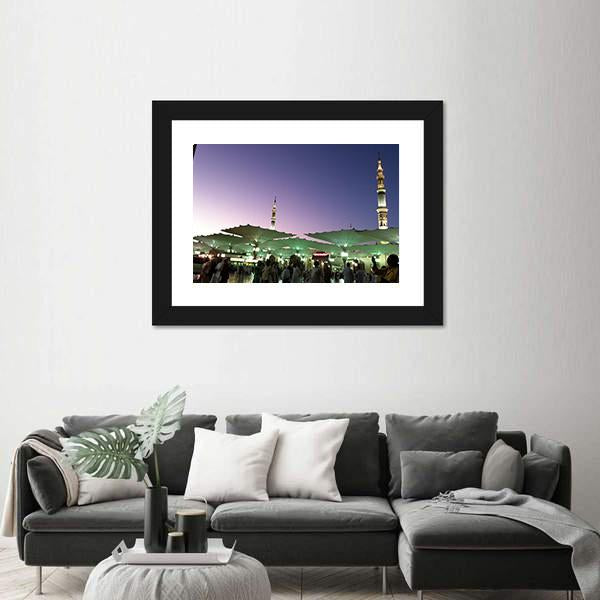 Umbrellas At An-Nabawi Mosque In Medinah Canvas Wall Art-1 Piece-Framed Print-20" x 16"-Tiaracle