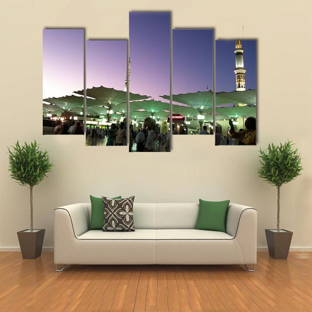 Umbrellas At An-Nabawi Mosque In Medinah Canvas Wall Art-5 Pop-Gallery Wrap-47" x 32"-Tiaracle