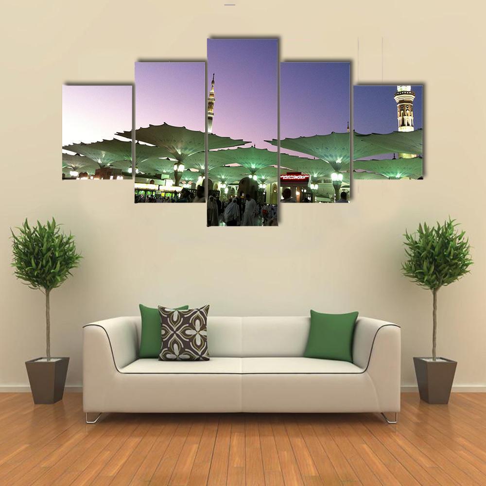 Umbrellas At An-Nabawi Mosque In Medinah Canvas Wall Art-5 Star-Gallery Wrap-62" x 32"-Tiaracle