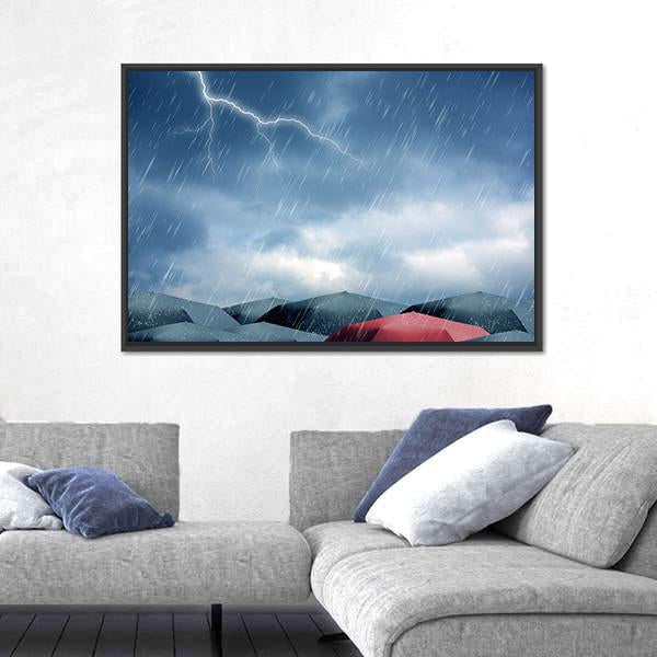 Umbrellas Under Rain Canvas Wall Art-1 Piece-Floating Frame-24" x 16"-Tiaracle