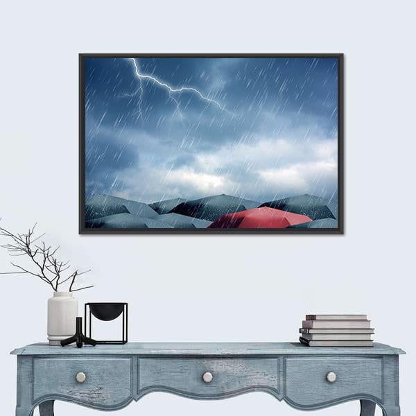 Umbrellas Under Rain Canvas Wall Art-3 Horizontal-Gallery Wrap-25" x 16"-Tiaracle