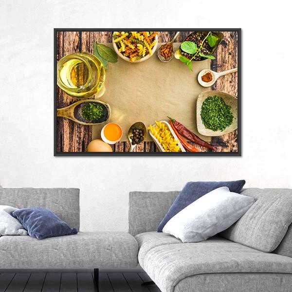 Uncooked Pasta And Spices On A Dark Canvas Wall Art-1 Piece-Floating Frame-24" x 16"-Tiaracle