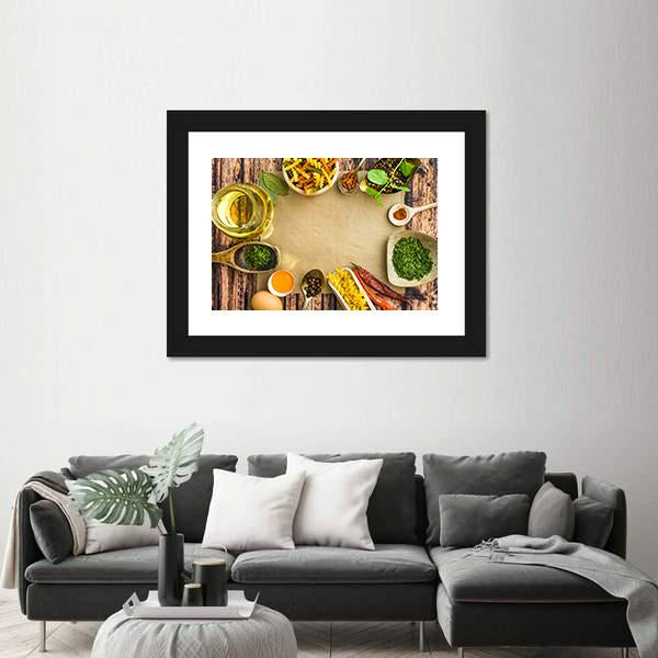 Uncooked Pasta And Spices On A Dark Canvas Wall Art-1 Piece-Framed Print-20" x 16"-Tiaracle