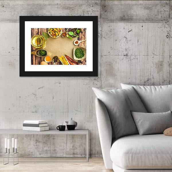 Uncooked Pasta And Spices On A Dark Canvas Wall Art-3 Horizontal-Gallery Wrap-25" x 16"-Tiaracle