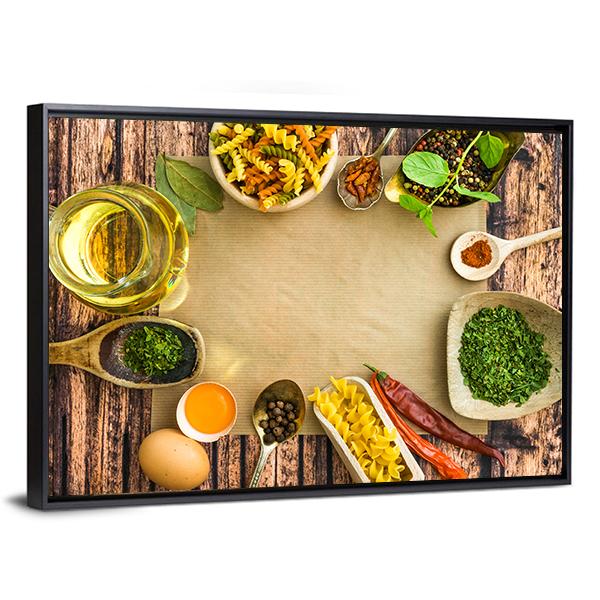 Uncooked Pasta And Spices On A Dark Canvas Wall Art-3 Horizontal-Gallery Wrap-25" x 16"-Tiaracle