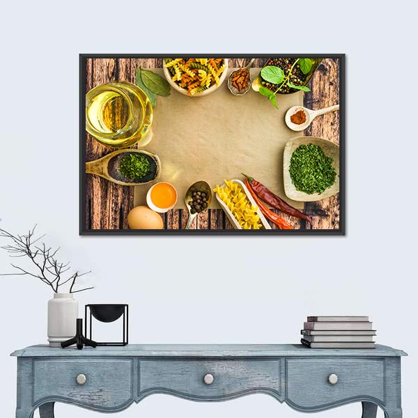 Uncooked Pasta And Spices On A Dark Canvas Wall Art-3 Horizontal-Gallery Wrap-25" x 16"-Tiaracle