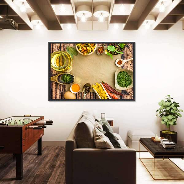 Uncooked Pasta And Spices On A Dark Canvas Wall Art-3 Horizontal-Gallery Wrap-25" x 16"-Tiaracle