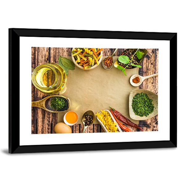 Uncooked Pasta And Spices On A Dark Canvas Wall Art-3 Horizontal-Gallery Wrap-25" x 16"-Tiaracle