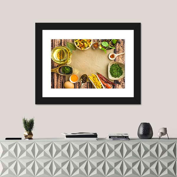 Uncooked Pasta And Spices On A Dark Canvas Wall Art-3 Horizontal-Gallery Wrap-25" x 16"-Tiaracle