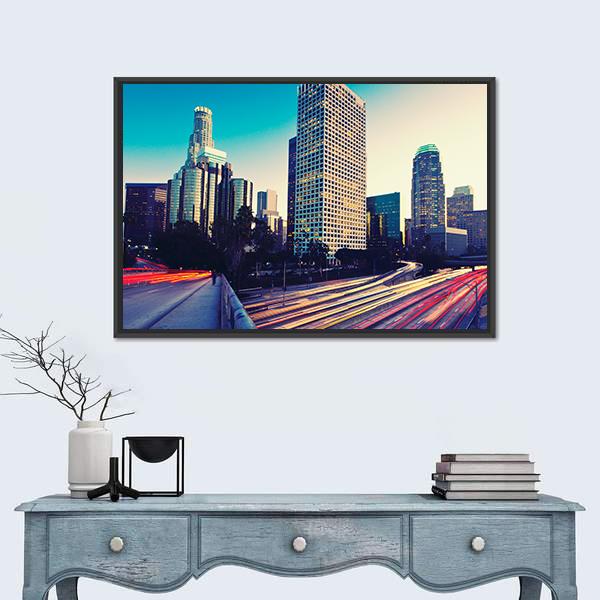 Urban City At Sunset Canvas Wall Art-1 Piece-Floating Frame-24" x 16"-Tiaracle