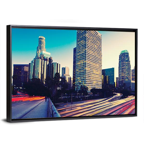 Urban City At Sunset Canvas Wall Art-3 Horizontal-Gallery Wrap-25" x 16"-Tiaracle