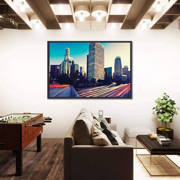 Urban City At Sunset Canvas Wall Art-3 Horizontal-Gallery Wrap-25" x 16"-Tiaracle