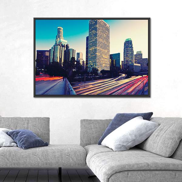 Urban City At Sunset Canvas Wall Art-3 Horizontal-Gallery Wrap-25" x 16"-Tiaracle