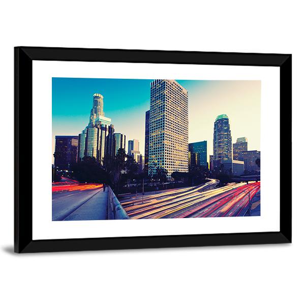 Urban City At Sunset Canvas Wall Art-3 Horizontal-Gallery Wrap-25" x 16"-Tiaracle