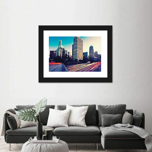 Urban City At Sunset Canvas Wall Art-3 Horizontal-Gallery Wrap-25" x 16"-Tiaracle