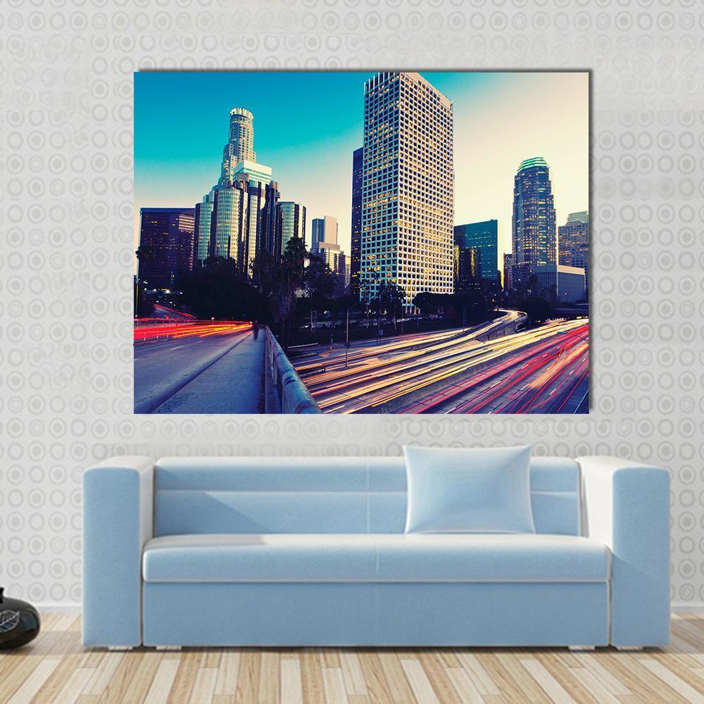 Urban City At Sunset Canvas Wall Art-1 Piece-Gallery Wrap-48" x 32"-Tiaracle