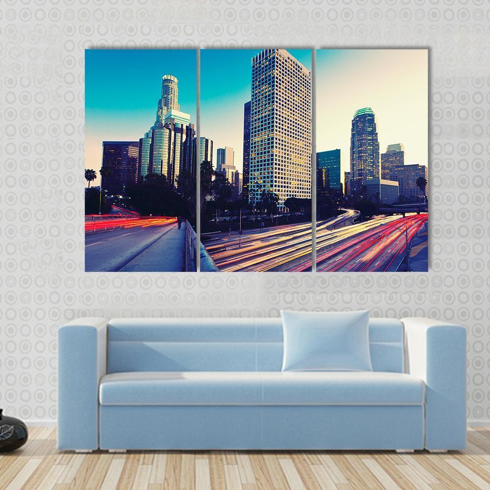 Urban City At Sunset Canvas Wall Art-3 Horizontal-Gallery Wrap-37" x 24"-Tiaracle