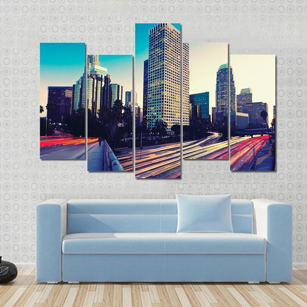 Urban City At Sunset Canvas Wall Art-5 Pop-Gallery Wrap-47" x 32"-Tiaracle