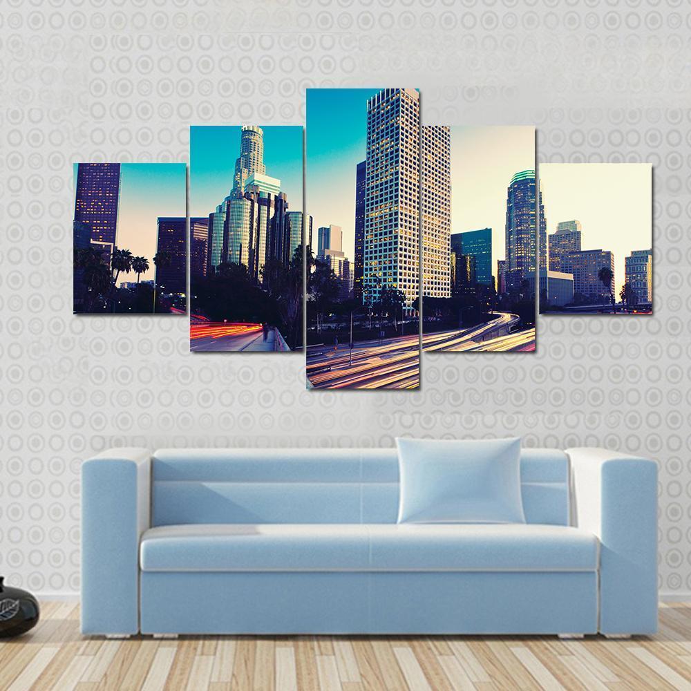 Urban City At Sunset Canvas Wall Art-5 Star-Gallery Wrap-62" x 32"-Tiaracle