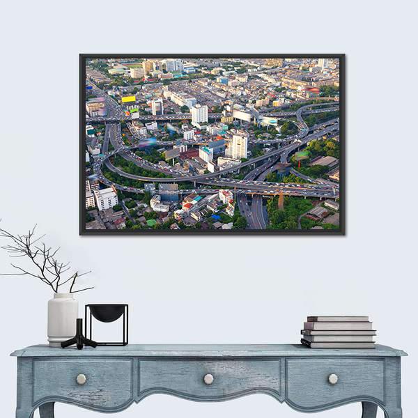 Urban Cityscape Of Busy Traffic Canvas Wall Art-1 Piece-Floating Frame-24" x 16"-Tiaracle