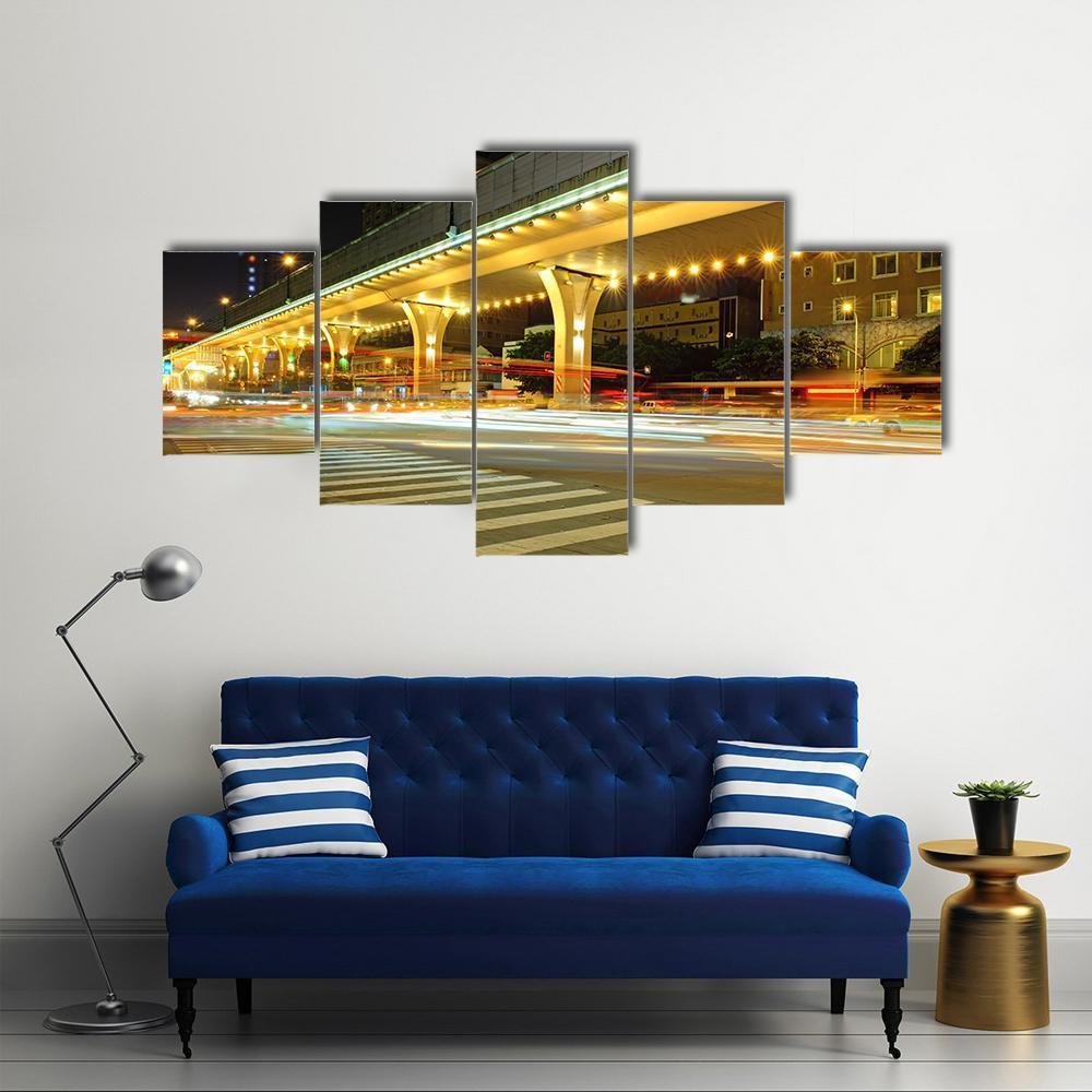 Urban Roads At Night Canvas Wall Art-5 Star-Gallery Wrap-62" x 32"-Tiaracle