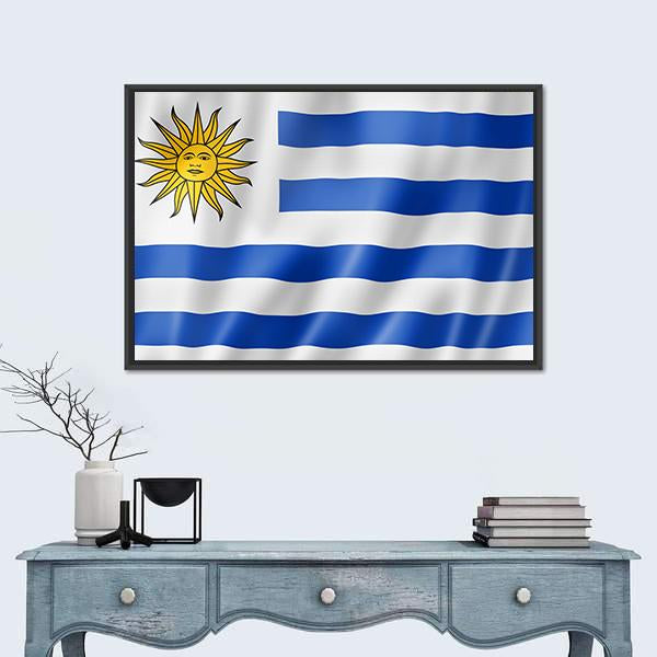 Uruguay Flag On Satin Texture Canvas Wall Art-1 Piece-Floating Frame-24" x 16"-Tiaracle