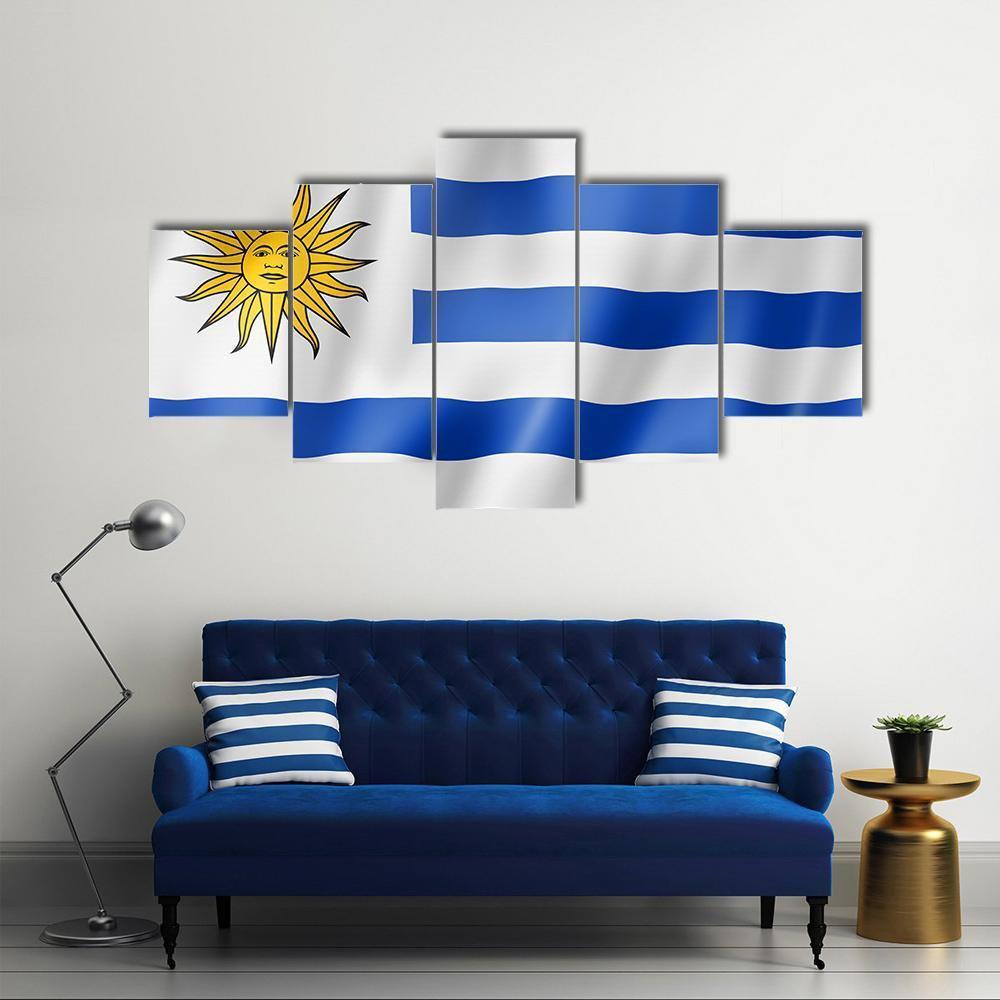 Uruguay Flag On Satin Texture Canvas Wall Art-5 Star-Gallery Wrap-62" x 32"-Tiaracle