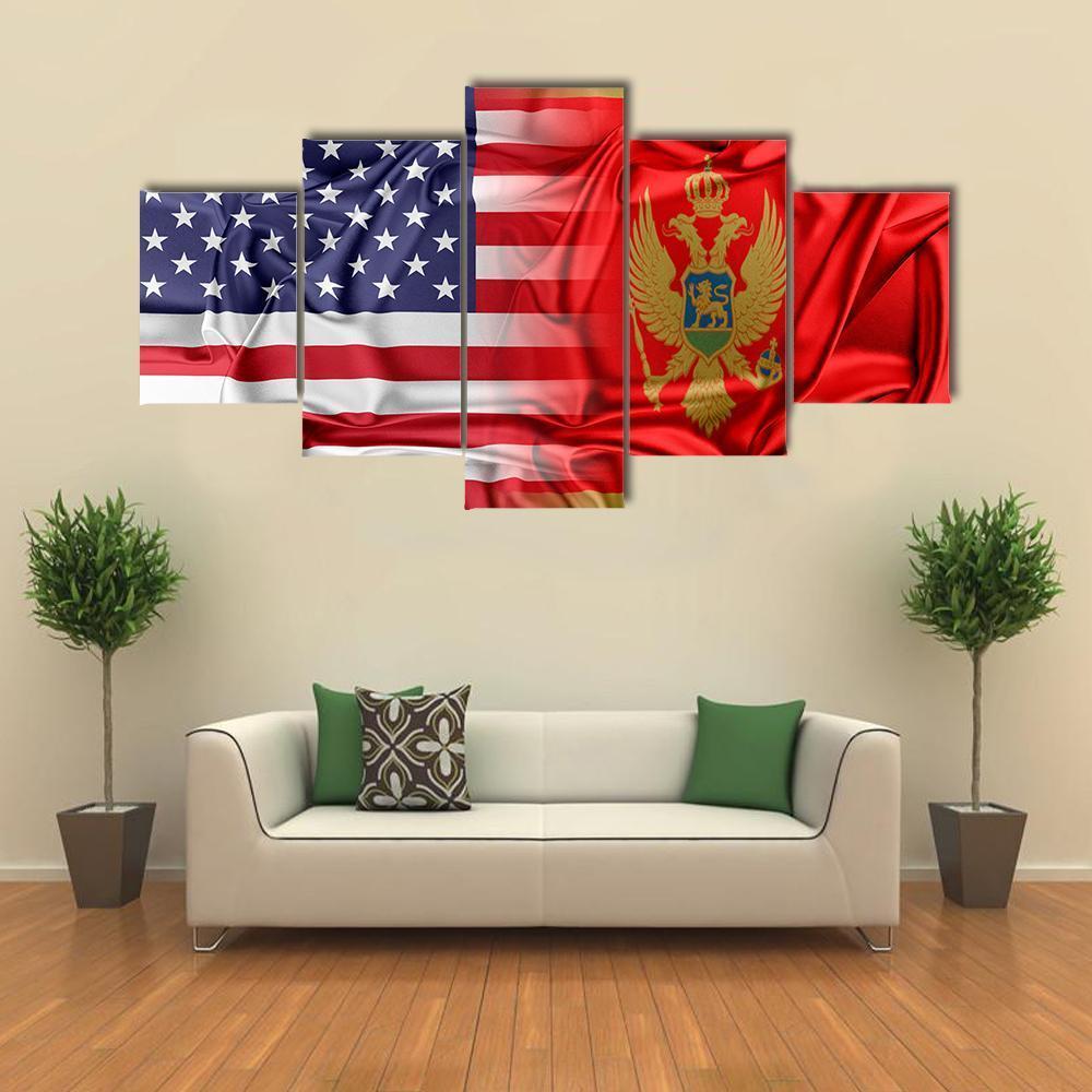 USA And Montenegro Flag Canvas Wall Art-5 Star-Gallery Wrap-62" x 32"-Tiaracle