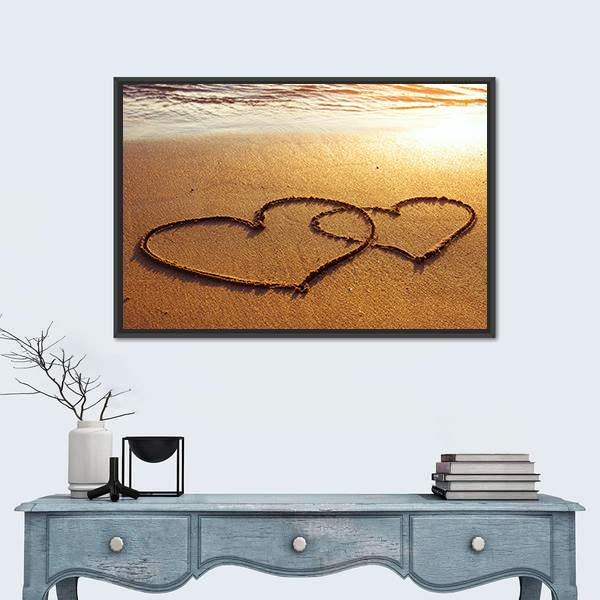 Valentine's Day Greetings On The Sand Two Hearts Canvas Wall Art-1 Piece-Floating Frame-24" x 16"-Tiaracle