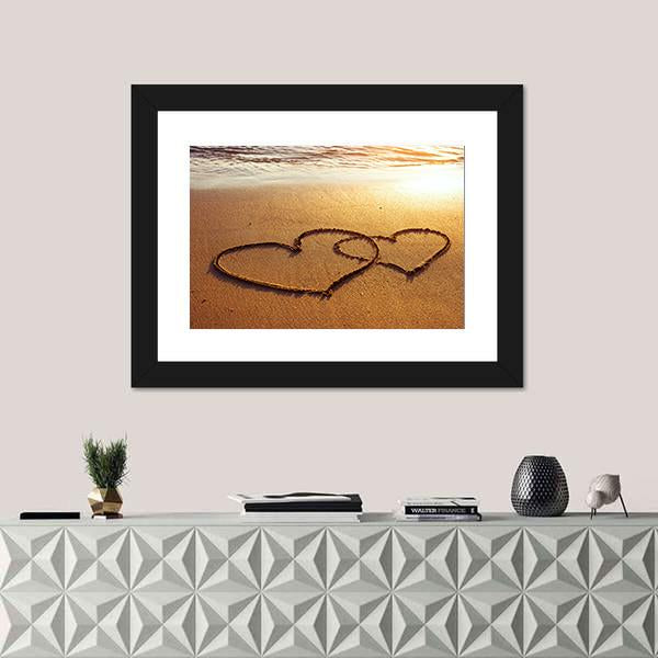 Valentine's Day Greetings On The Sand Two Hearts Canvas Wall Art-1 Piece-Framed Print-20" x 16"-Tiaracle