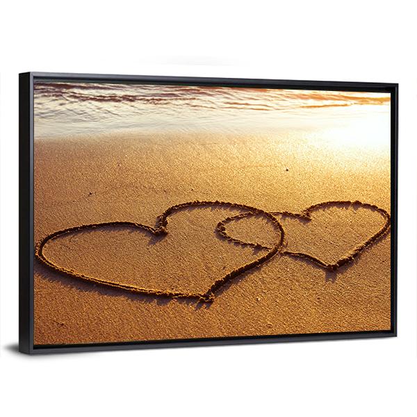 Valentine's Day Greetings On The Sand Two Hearts Canvas Wall Art-3 Horizontal-Gallery Wrap-25" x 16"-Tiaracle