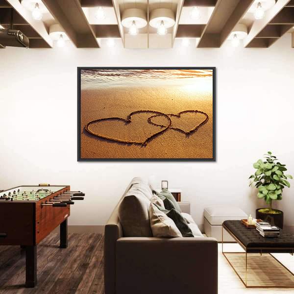 Valentine's Day Greetings On The Sand Two Hearts Canvas Wall Art-3 Horizontal-Gallery Wrap-25" x 16"-Tiaracle