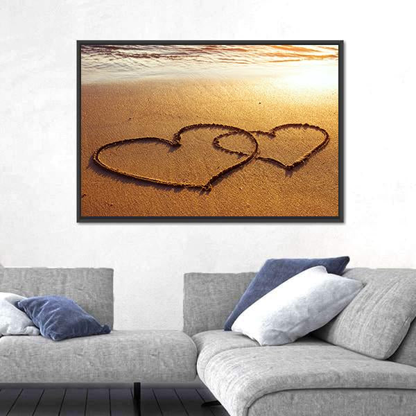 Valentine's Day Greetings On The Sand Two Hearts Canvas Wall Art-3 Horizontal-Gallery Wrap-25" x 16"-Tiaracle