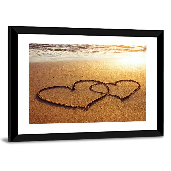 Valentine's Day Greetings On The Sand Two Hearts Canvas Wall Art-3 Horizontal-Gallery Wrap-25" x 16"-Tiaracle