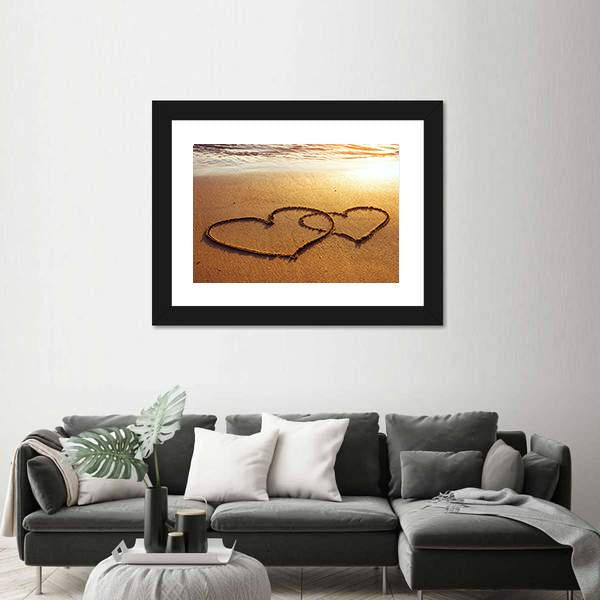 Valentine's Day Greetings On The Sand Two Hearts Canvas Wall Art-3 Horizontal-Gallery Wrap-25" x 16"-Tiaracle