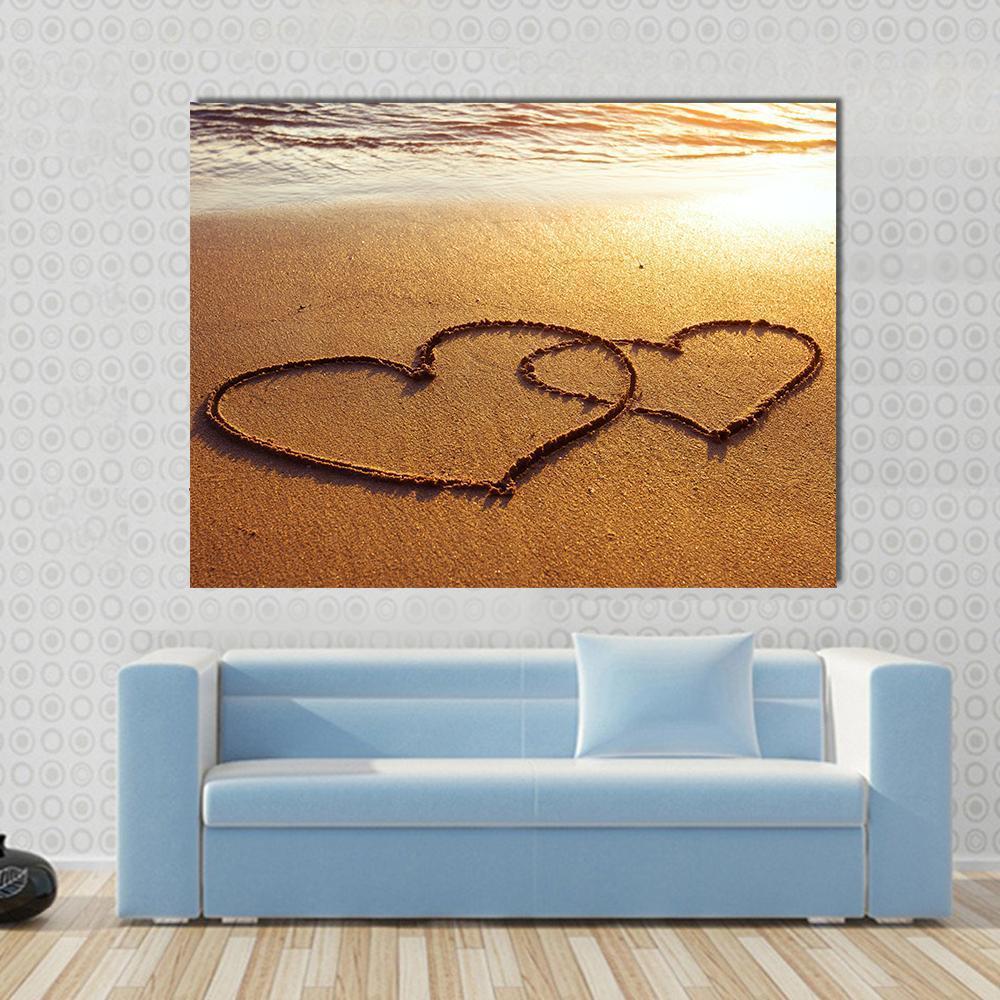 Valentine's Day Greetings On The Sand Two Hearts Canvas Wall Art-1 Piece-Gallery Wrap-48" x 32"-Tiaracle