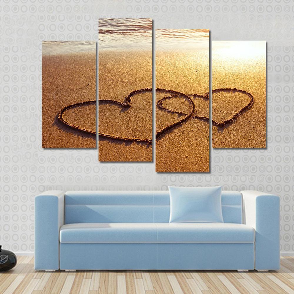 Valentine's Day Greetings On The Sand Two Hearts Canvas Wall Art-4 Pop-Gallery Wrap-50" x 32"-Tiaracle