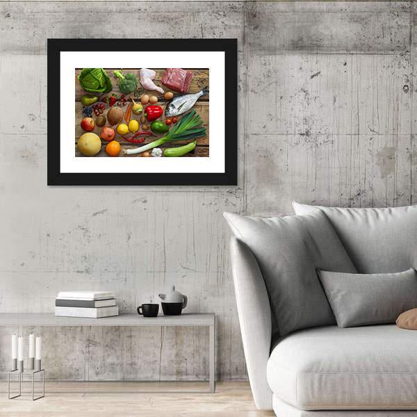 Various Paleo Diet Products On Wooden Table Canvas Wall Art-3 Horizontal-Gallery Wrap-25" x 16"-Tiaracle