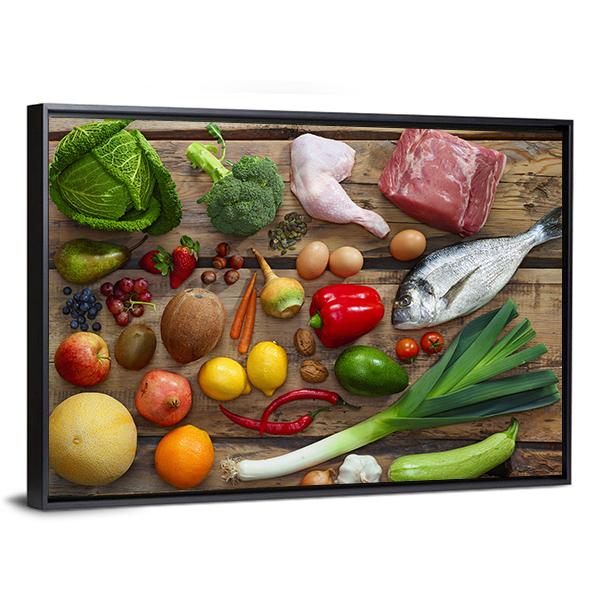 Various Paleo Diet Products On Wooden Table Canvas Wall Art-3 Horizontal-Gallery Wrap-25" x 16"-Tiaracle