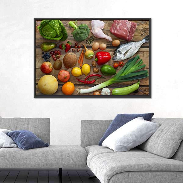 Various Paleo Diet Products On Wooden Table Canvas Wall Art-3 Horizontal-Gallery Wrap-25" x 16"-Tiaracle