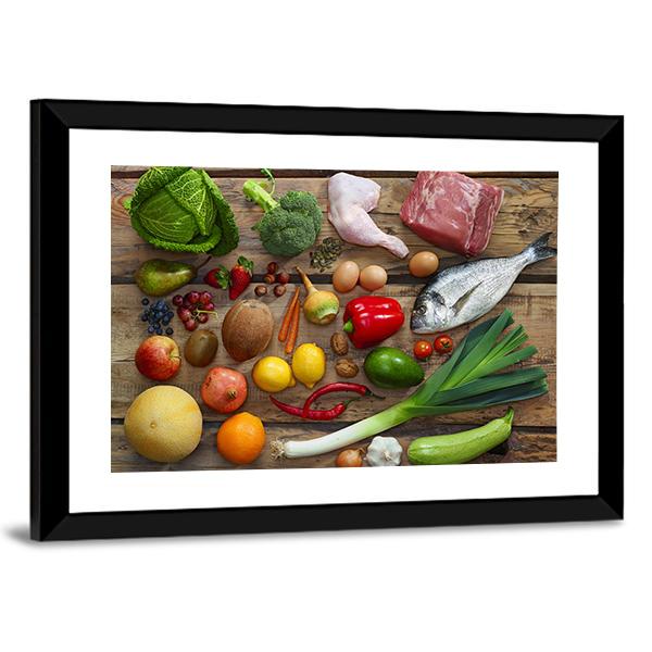 Various Paleo Diet Products On Wooden Table Canvas Wall Art-3 Horizontal-Gallery Wrap-25" x 16"-Tiaracle