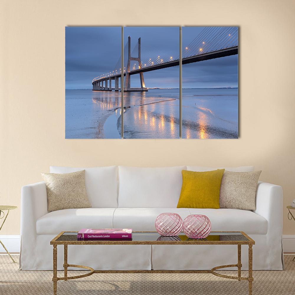 Vasco Da Gama Bridge Canvas Wall Art-3 Horizontal-Gallery Wrap-37" x 24"-Tiaracle
